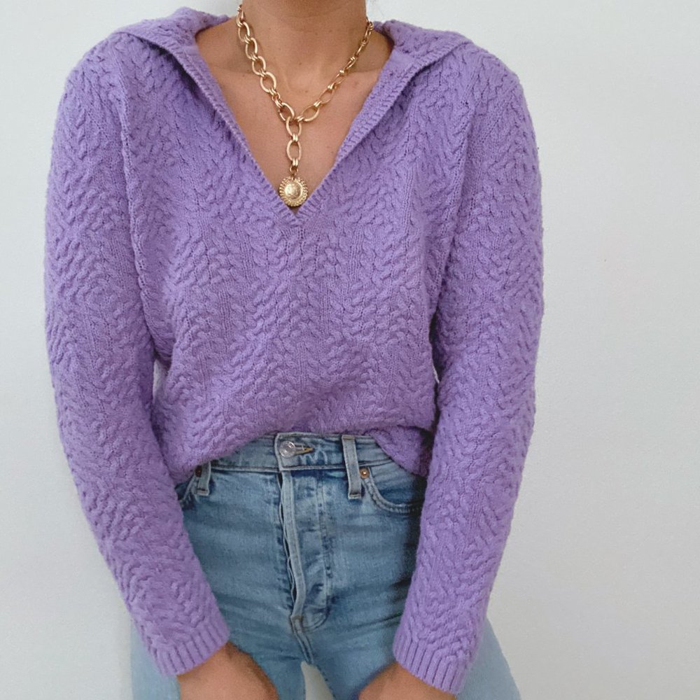 Lavender Chunky Knit Polo Sweater - Picture 3 of 7